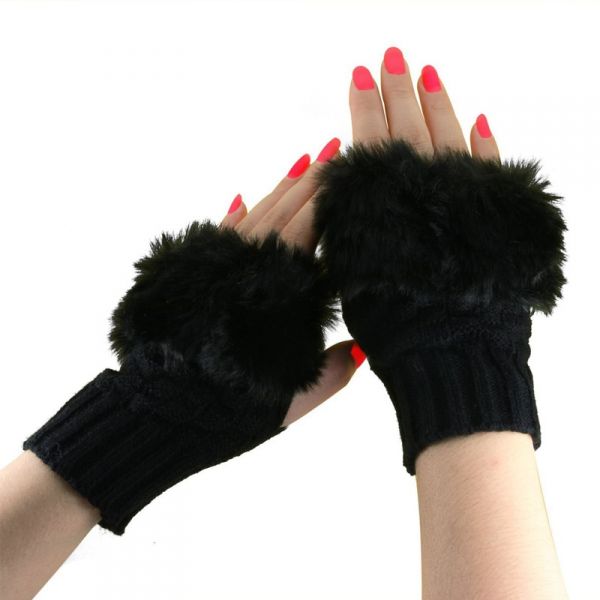 Pletené rukavice bezprstové s kožíškem černé Cixi F544