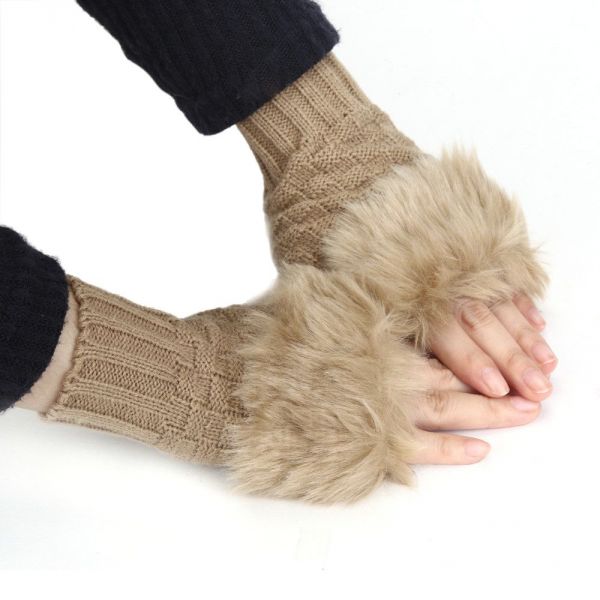 Pletené rukavice bezprstové s kožíškem hnědé Cixi F555